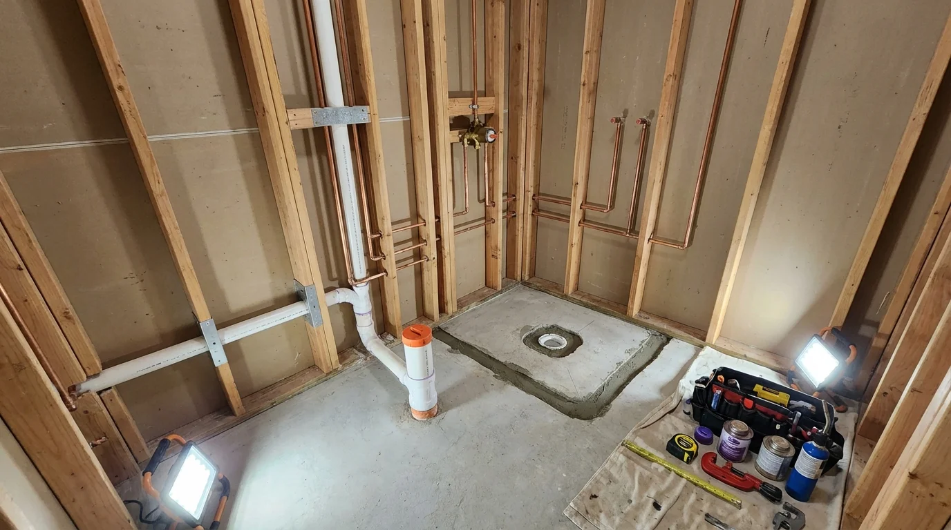 Bathroom rough-in plumbing during remodel by Johns Plumbing LLC in Lanesborough
