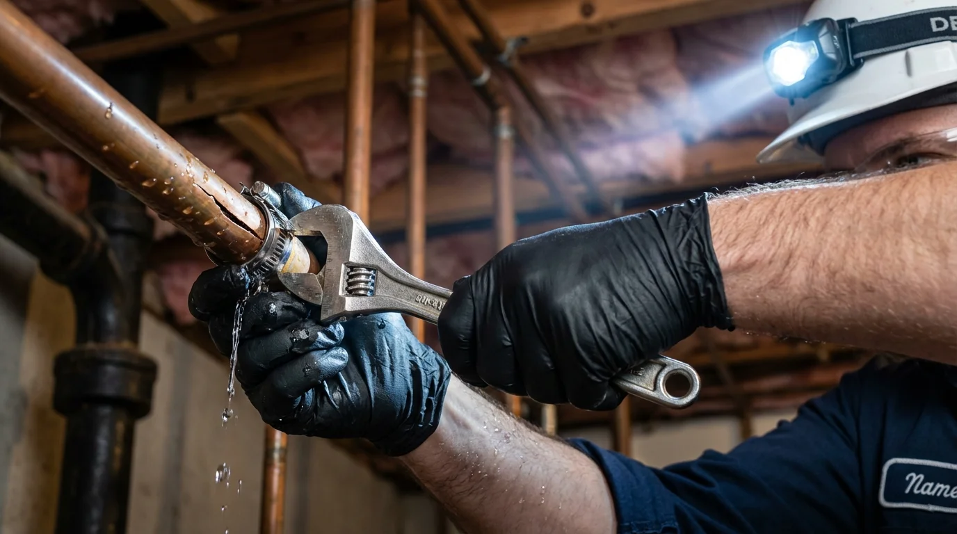 Emergency pipe clamp repair being performed by a Johns Plumbing LLC plumber in Lanesborough