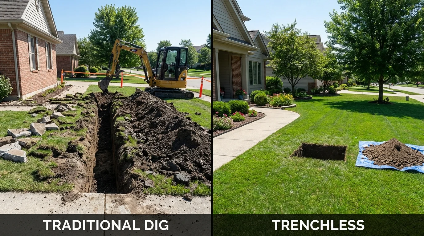 Trenchless sewer repair with minimal yard damage versus traditional excavation in Lanesborough, MA
