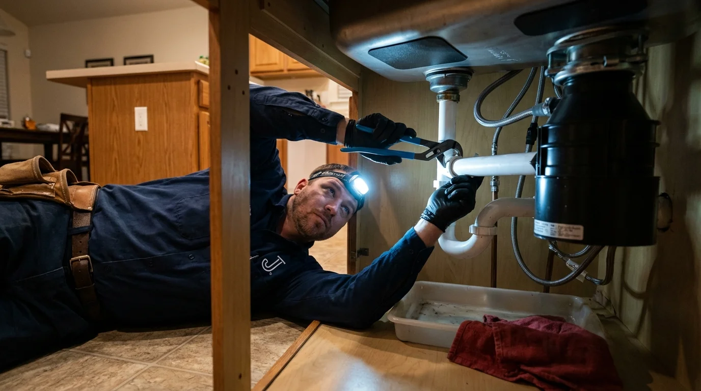 P-trap and supply line connections under a kitchen sink showing a common leak point in Lanesborough, MA